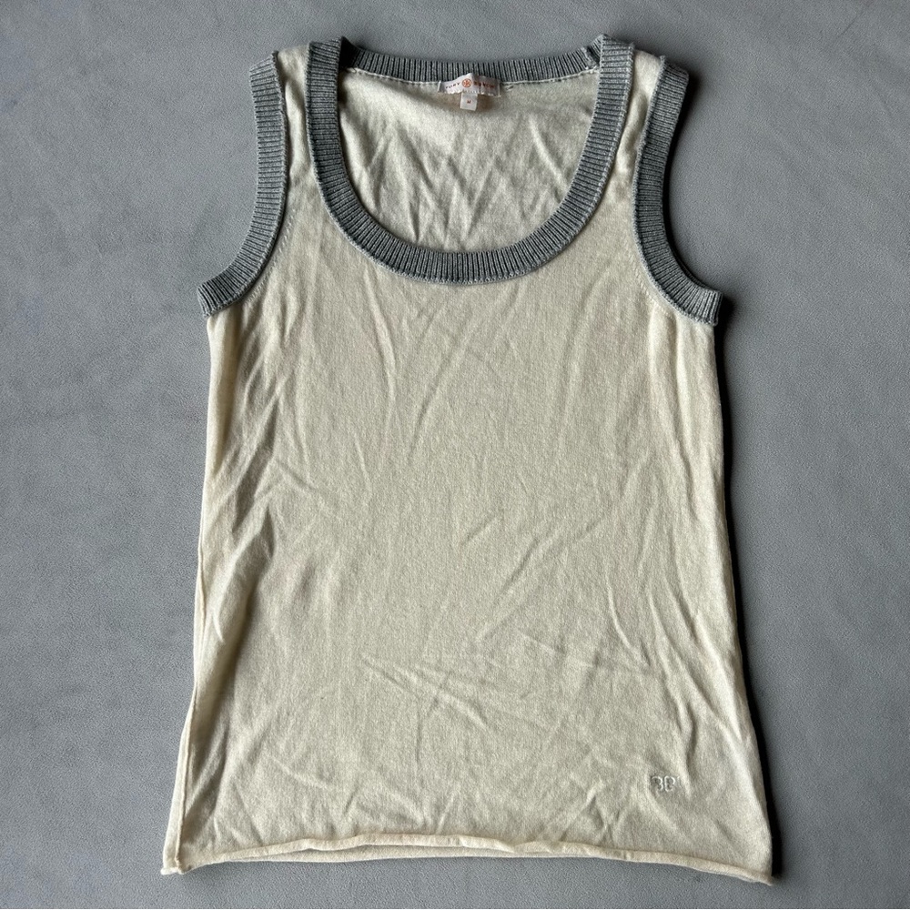 Tory Burch ~ Sleeveless Knit Cashmere Top ~ Women’s Size Medium ~ Cream w Grey